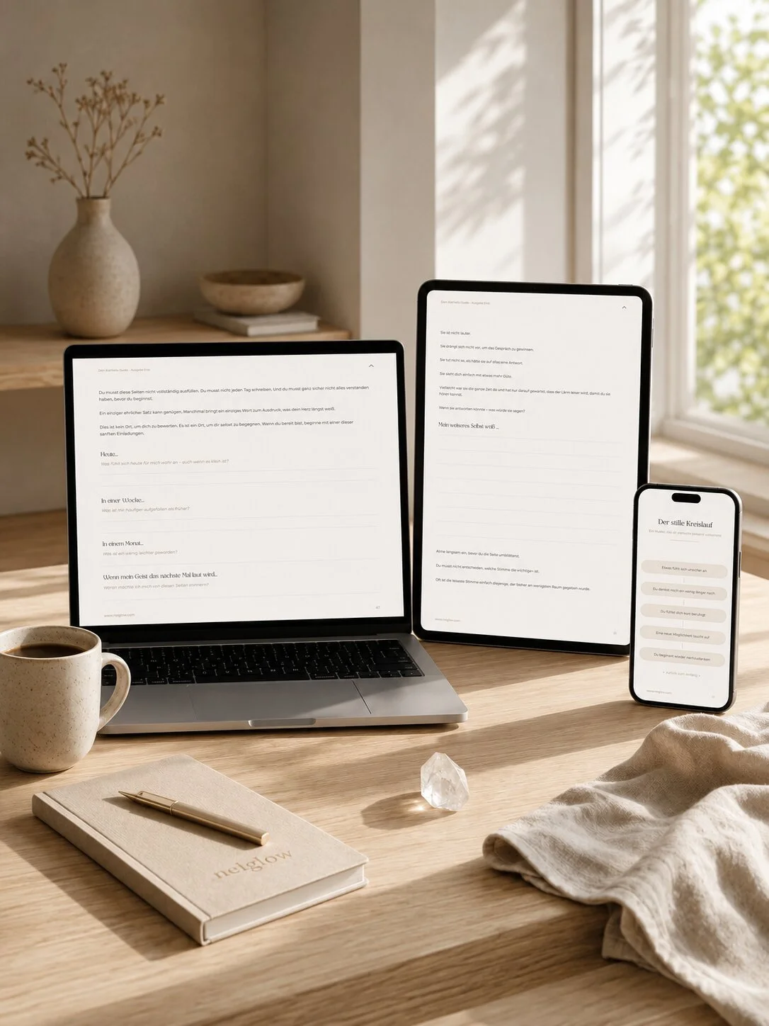 Der nelGlow Klarheits-Guide auf Laptop, Tablet und Smartphone – hochwertiger Digital-Guide für Selbstreflexion, Journaling und die Symbolik des Bergkristalls.