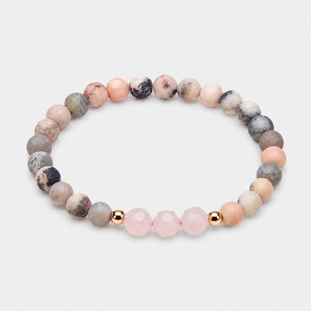 Serenity Rose Quartz jewellery with faceted pink gemstones and refined metallic accents.