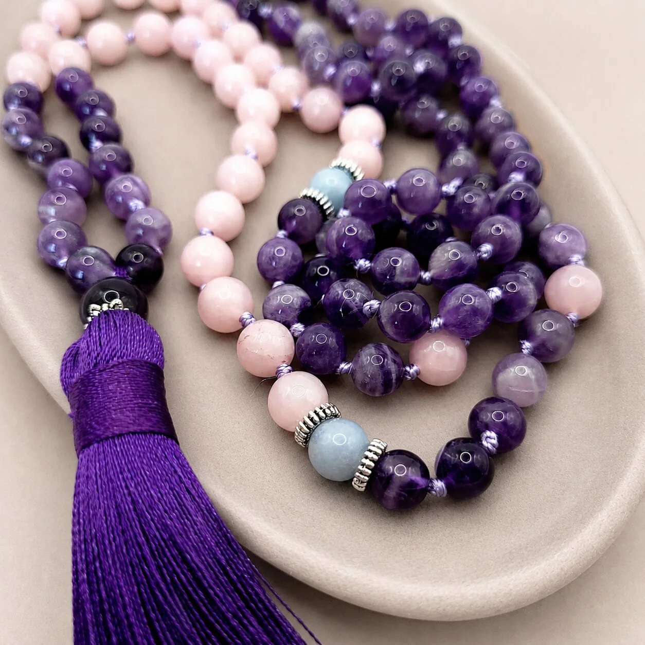 Amethyst Mala Kette mit Rosenquarz für Meditation und Balance