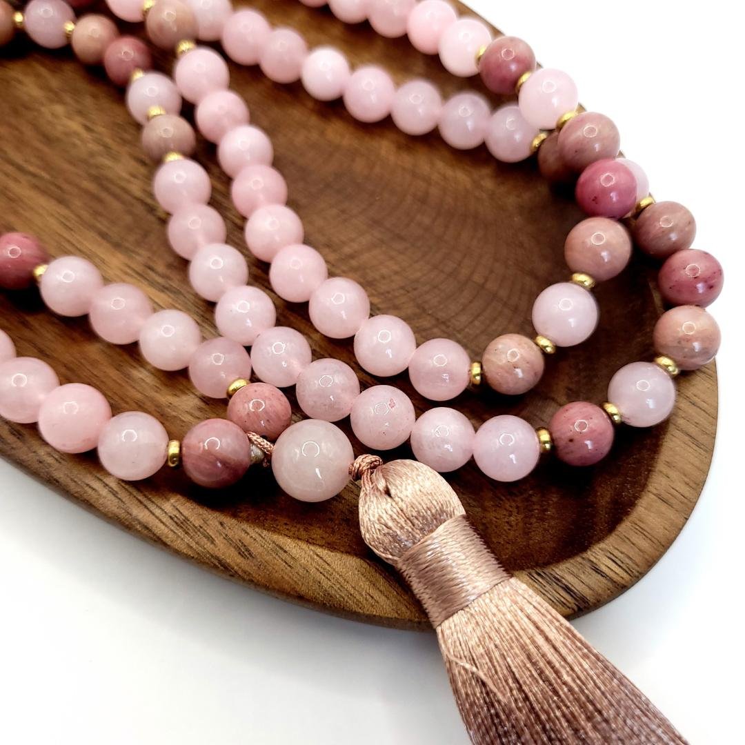 beautiful rose quartz mala set