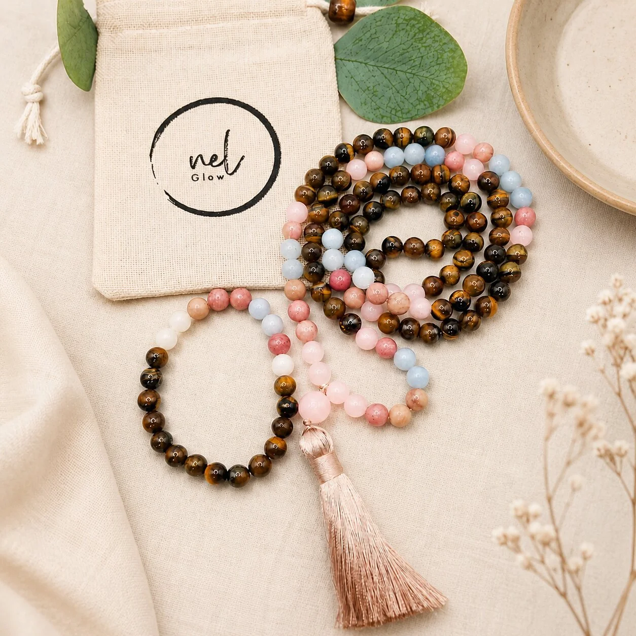 rose quartz with tiger eye mala by nelglow