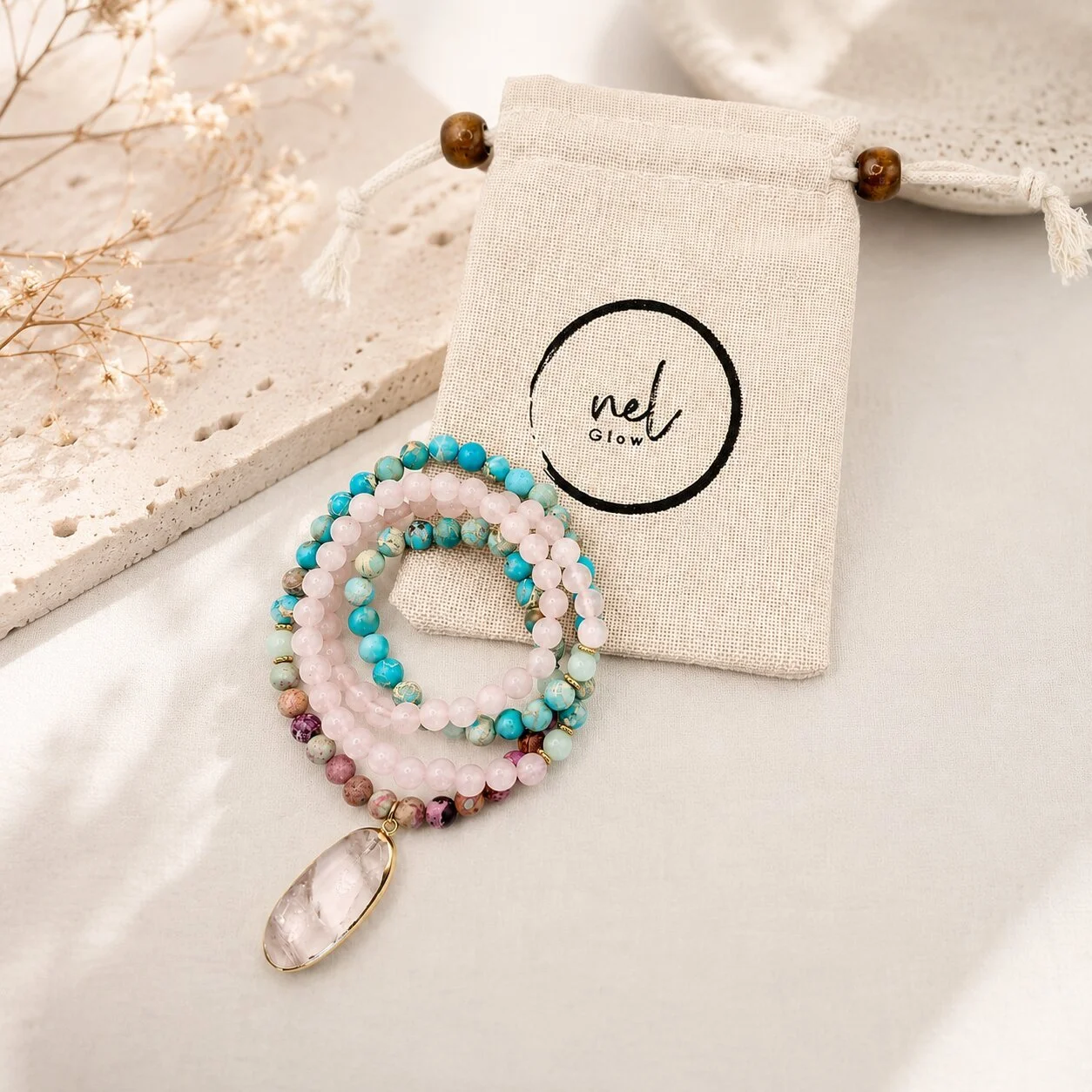 Rosenquarz Mala Kette 'Ocean' von nelglow