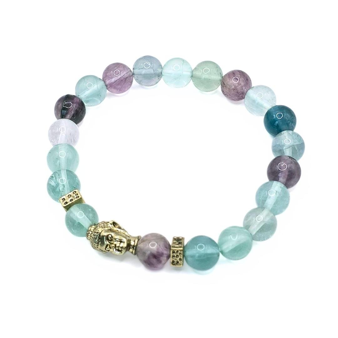 Fluorit Armband Mindlight mit 8 mm Perlen und Buddha-Anhänger, 19 cm, grün-violette Natursteine