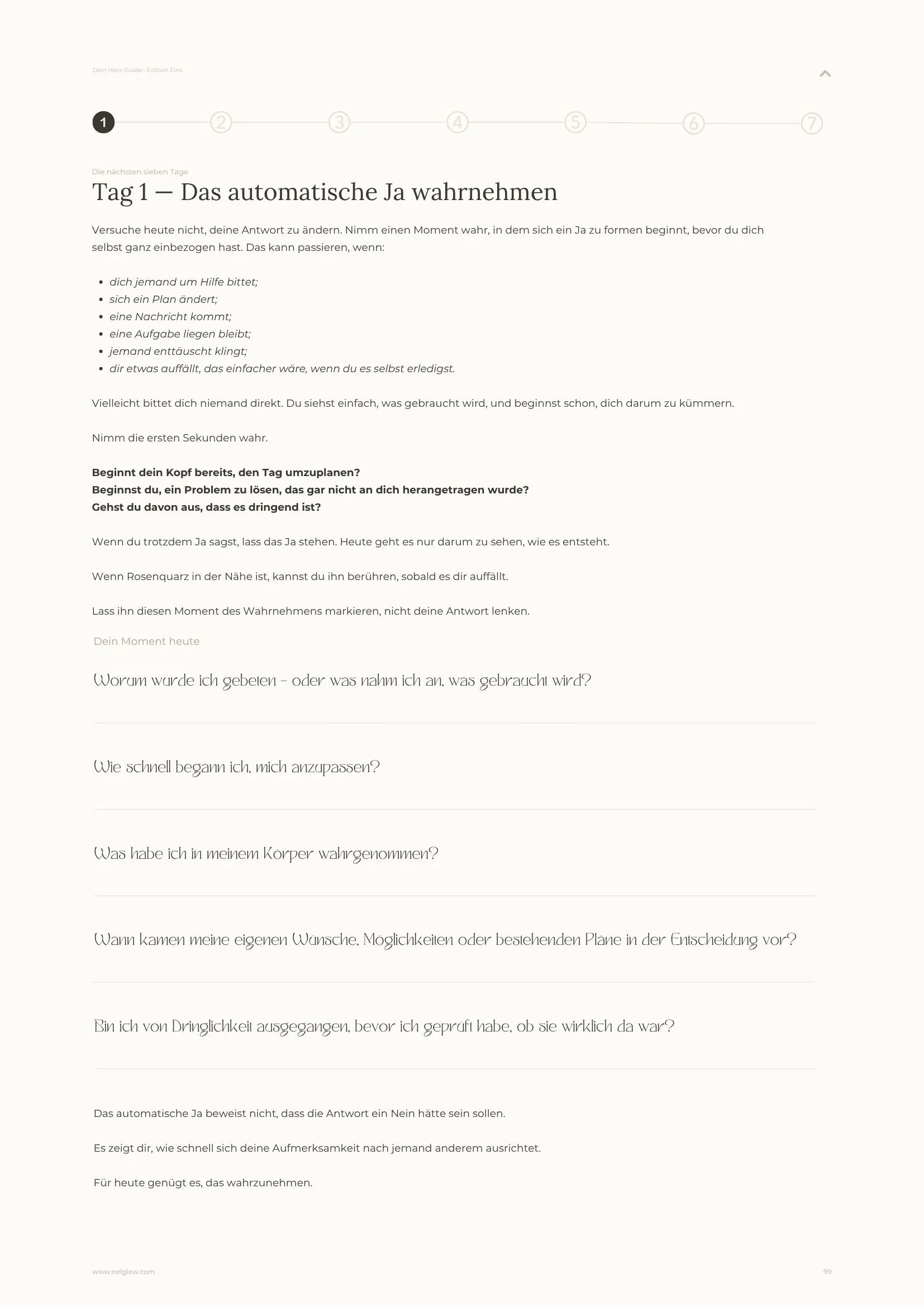 Tag 1 der Sieben-Tage-Praxis im nelGlow Herz-Guide: den Moment wahrnehmen, in dem ein automatisches Ja entsteht.