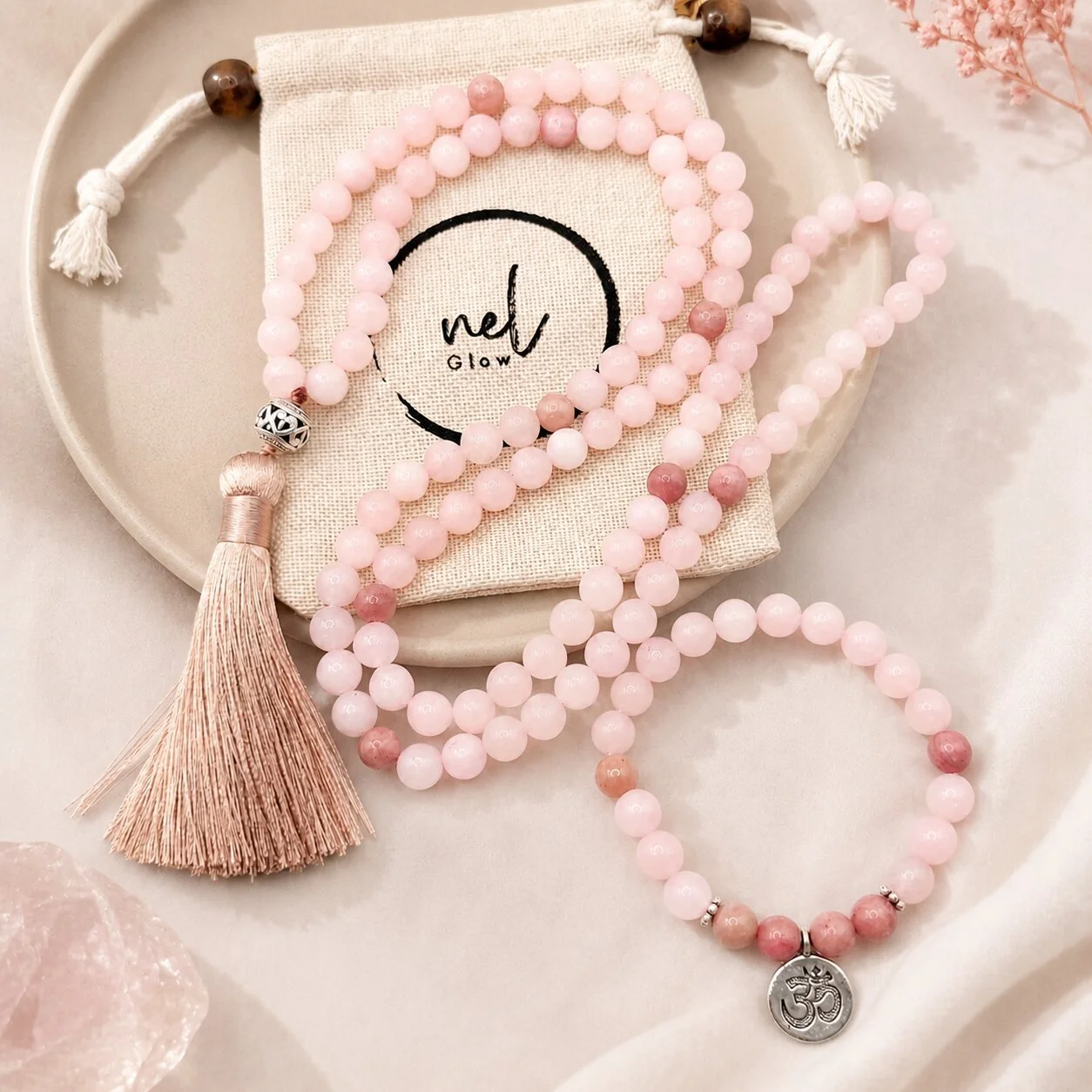 Rose quartz mala and bracelet set for compassion