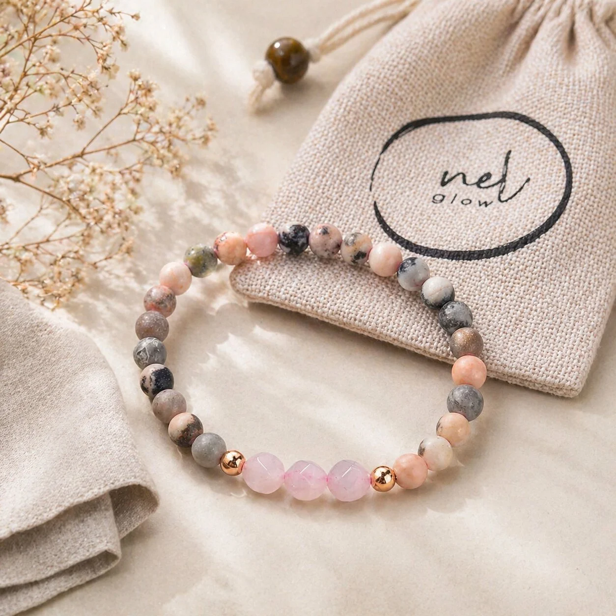 Close-up of the Serenity bracelet showing faceted Rose Quartz and patterned Pink Zebra Jasper beads.