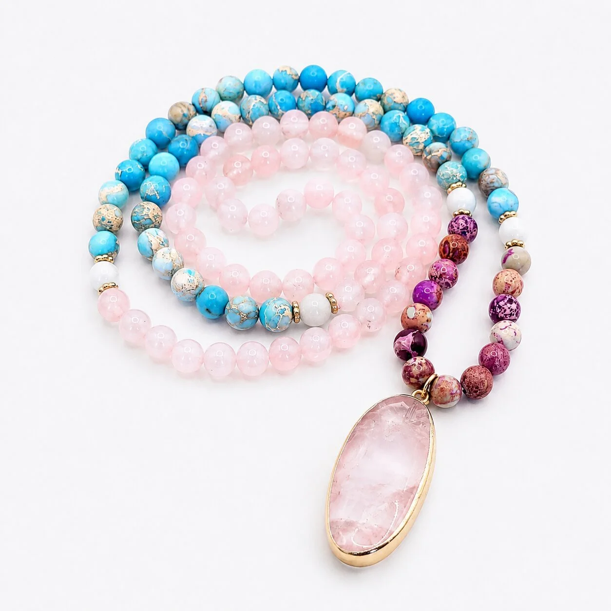 nelGlow Ocean Mala with 6 mm Rose Quartz beads and a natural Rose Quartz pendant.
