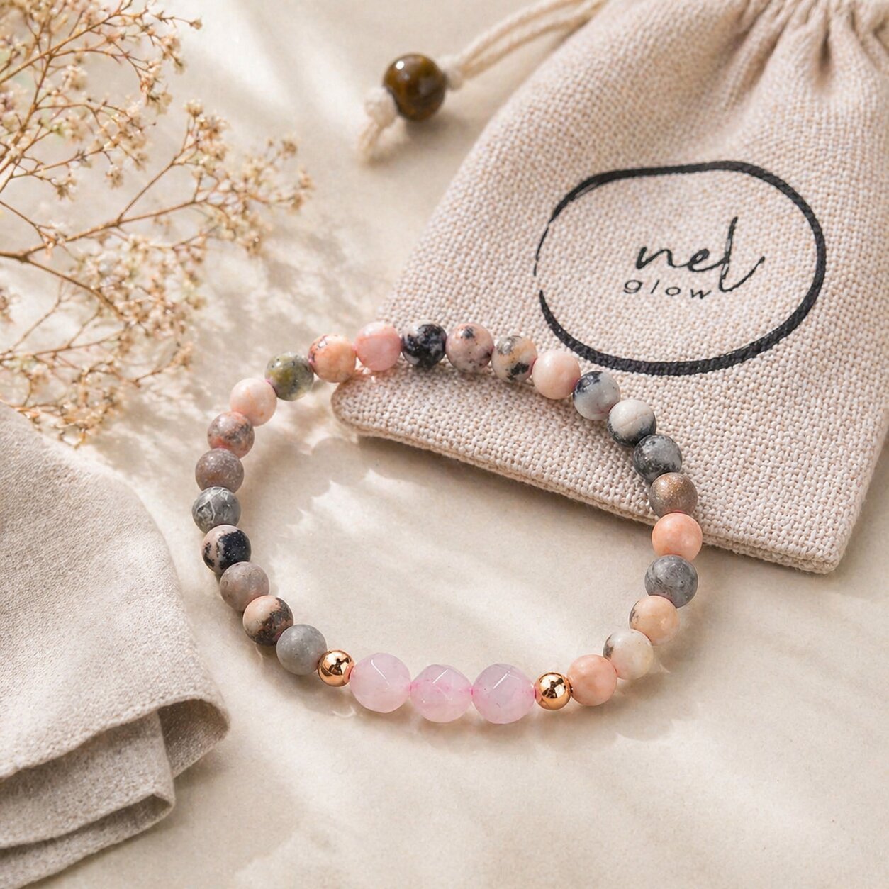 Close-up of the Serenity bracelet showing faceted Rose Quartz and patterned Pink Zebra Jasper beads.