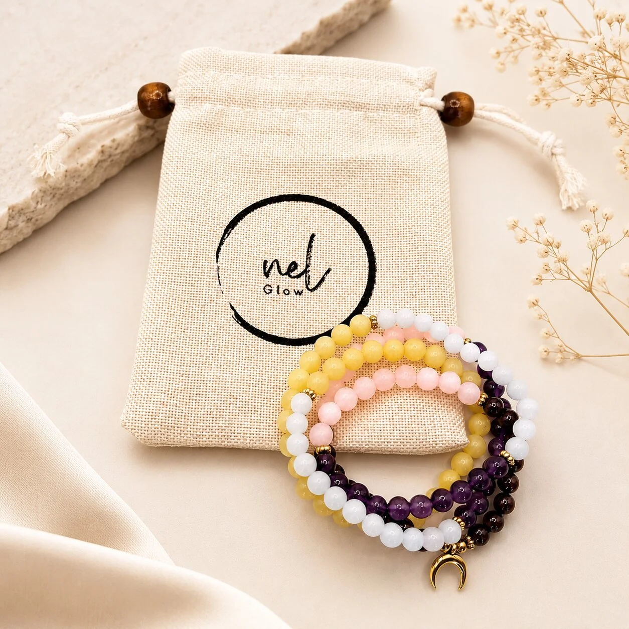 Amethyst Mala Kette Peace mit Granat und Rosenquarz für Herzöffnung und Erdung