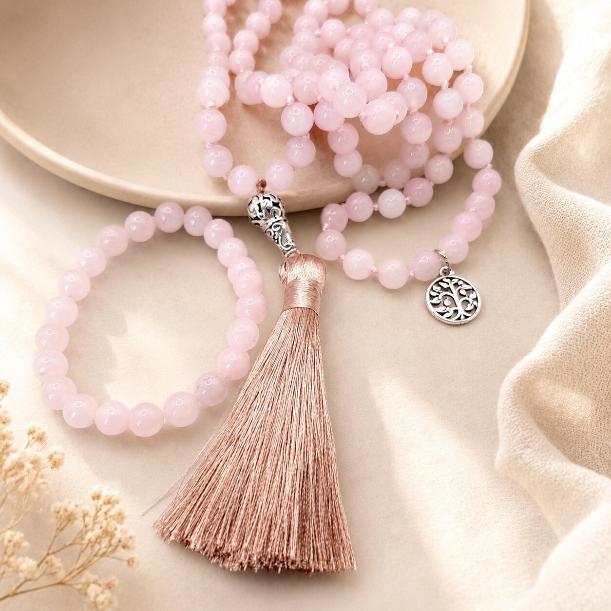 Rose quartz lucky set with mala and bracelet