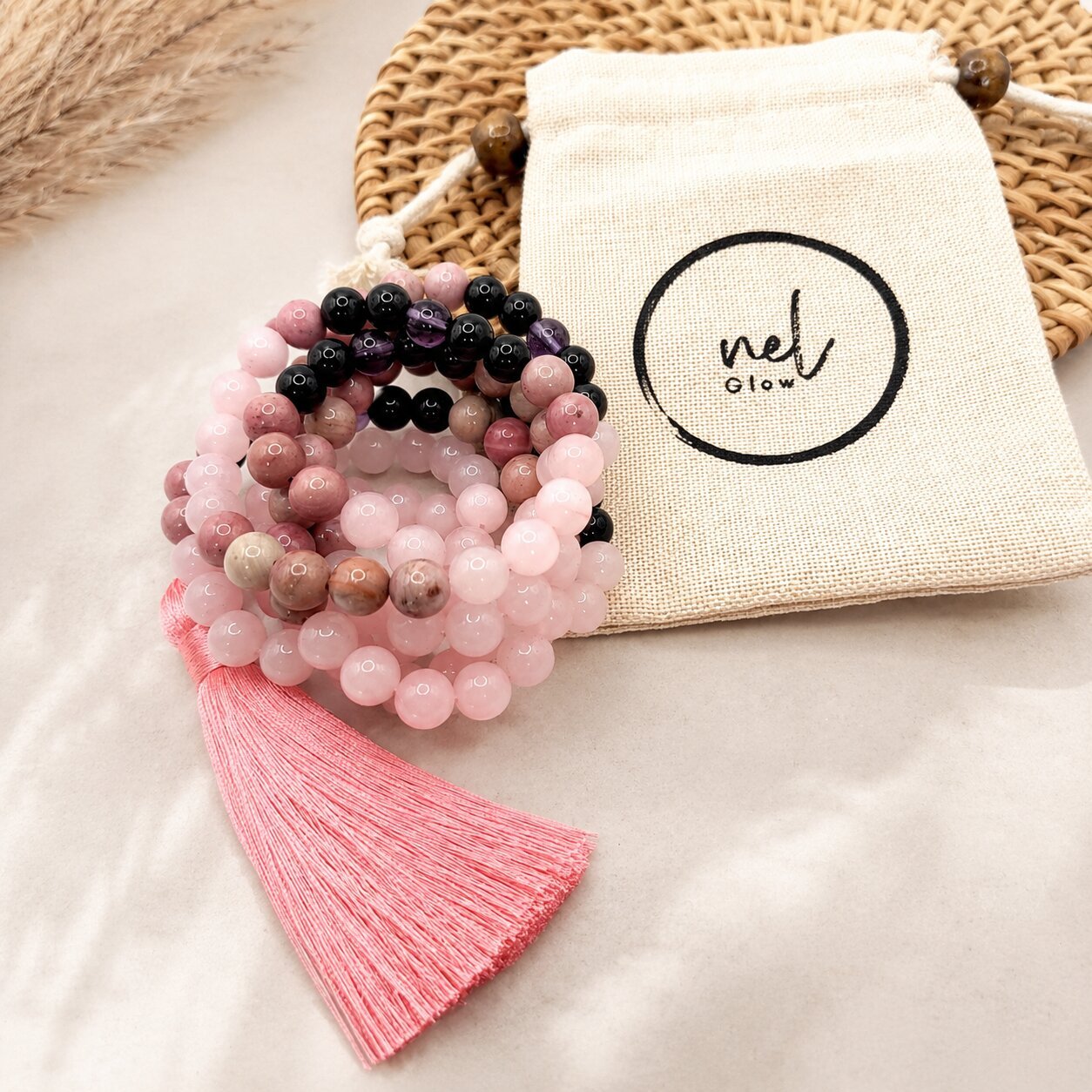 Rose quartz stone mala and armband set
