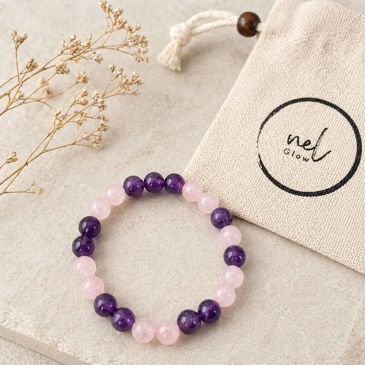 Amethyst Armband Solace – echtes Amethyst Armband mit Rosenquarz für Trost und Heilung