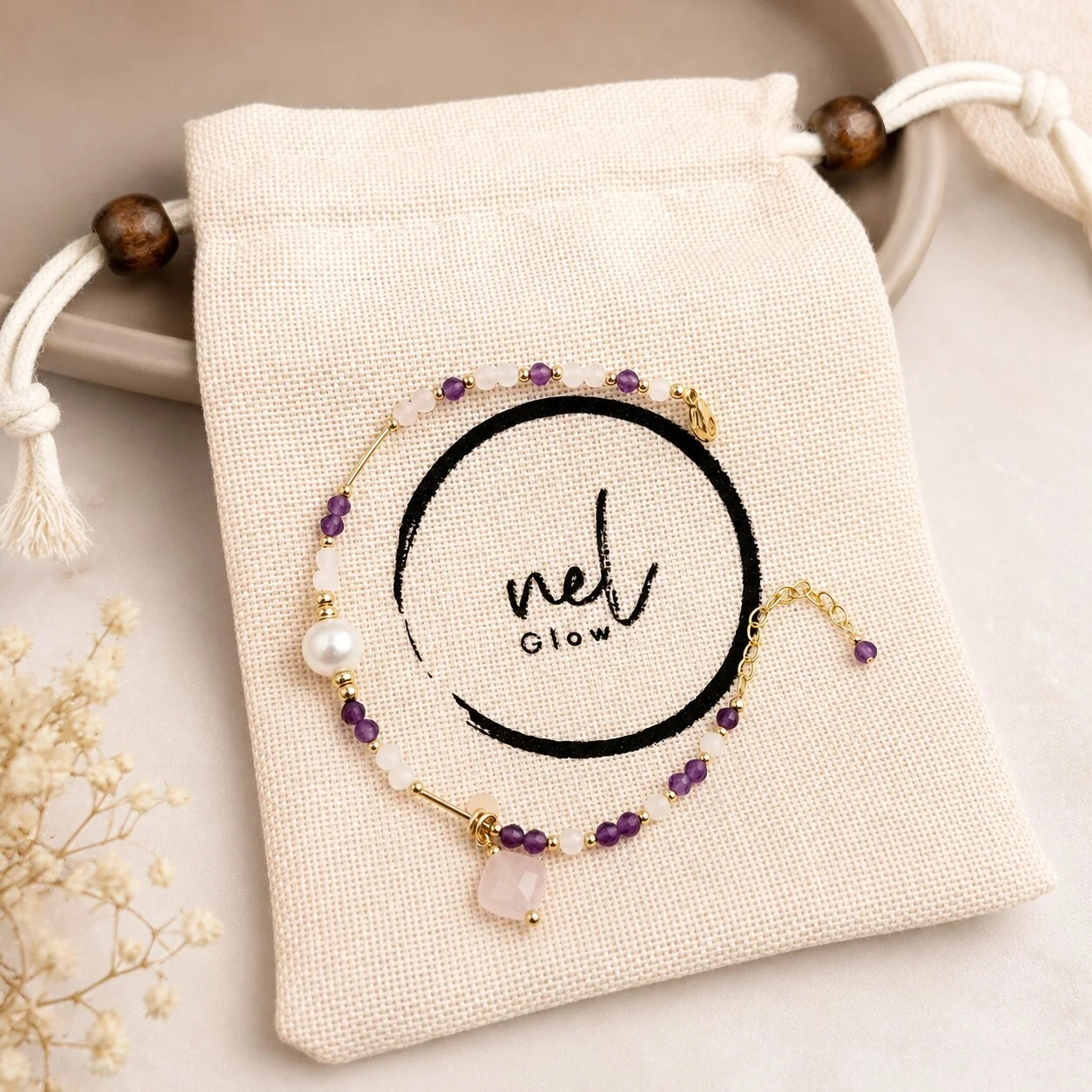 Amethyst und Rosenquarz Armkette für Damen – symbolisiert Liebe und Heilung