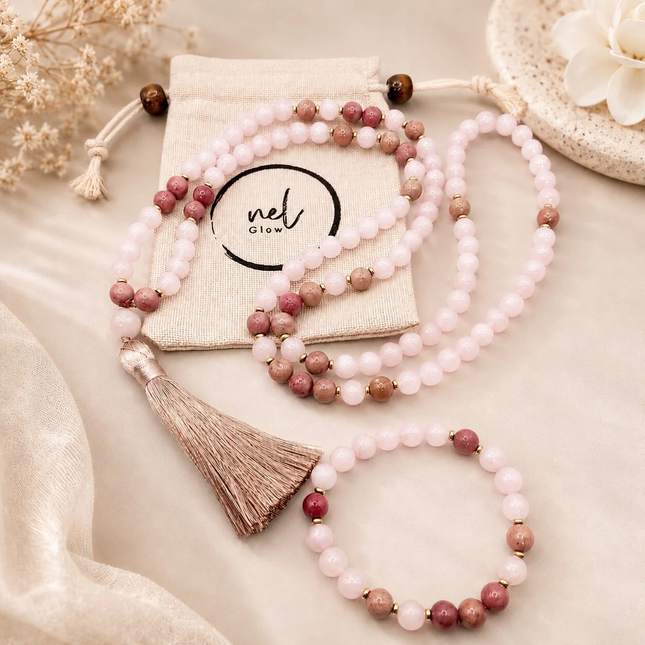 beautiful rose quartz mala set