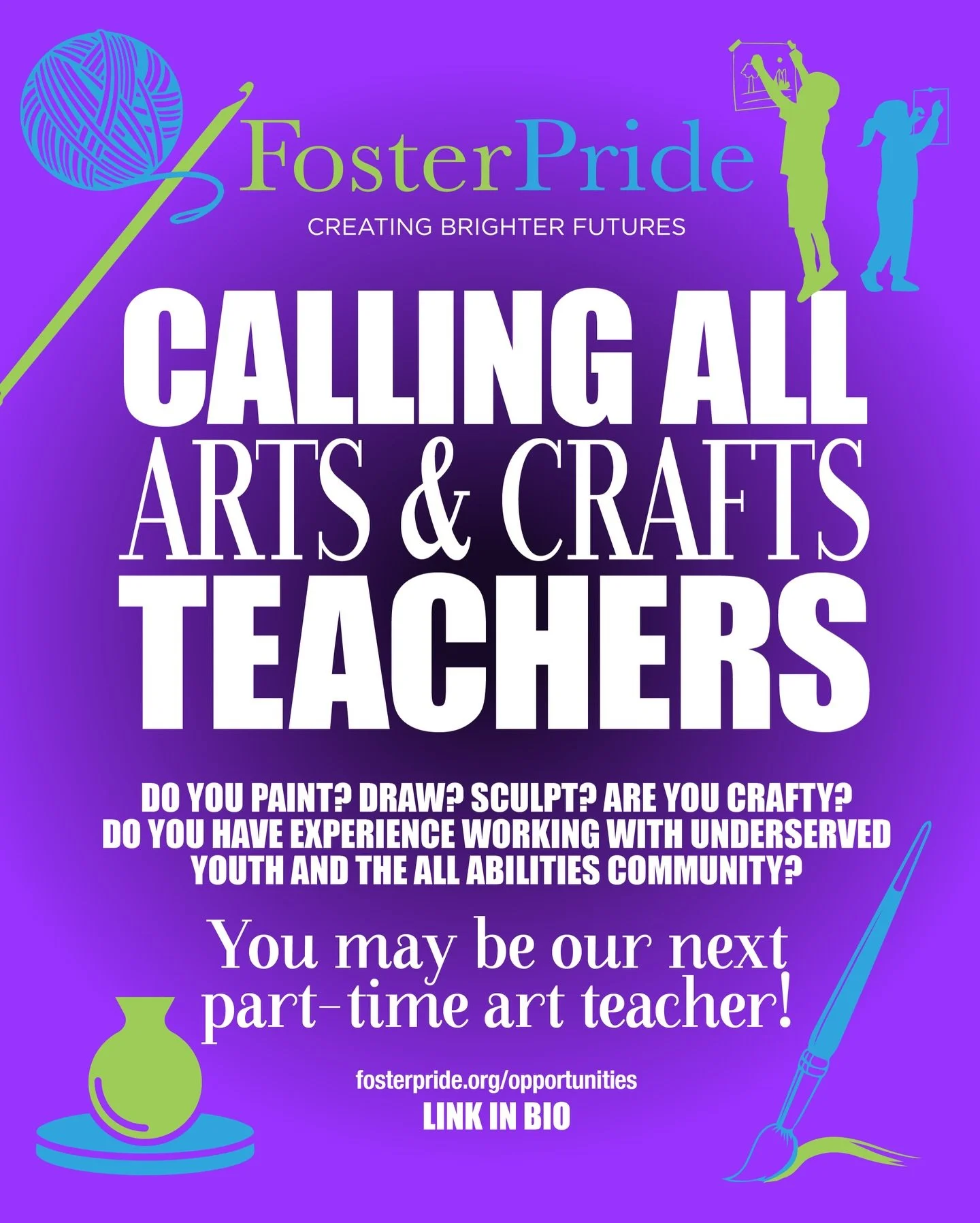 Work With Us 🎨 Calling All Arts &amp; Crafts Teachers!

Do you paint, draw, sculpt, or love getting crafty? Do you have experience working with underserved youth and the all-abilities community?

You may be our next part-time art teacher at Foster P