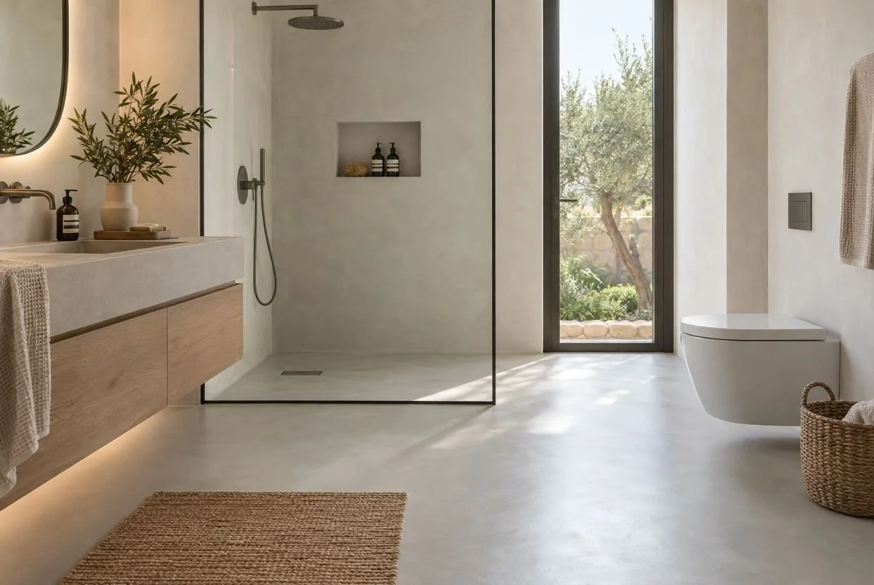 Descubre los pros y contras del suelo de microcemento en baños: resistencia al agua, mantenimiento, ventajas estéticas, fisuras y claves para elegirlo.