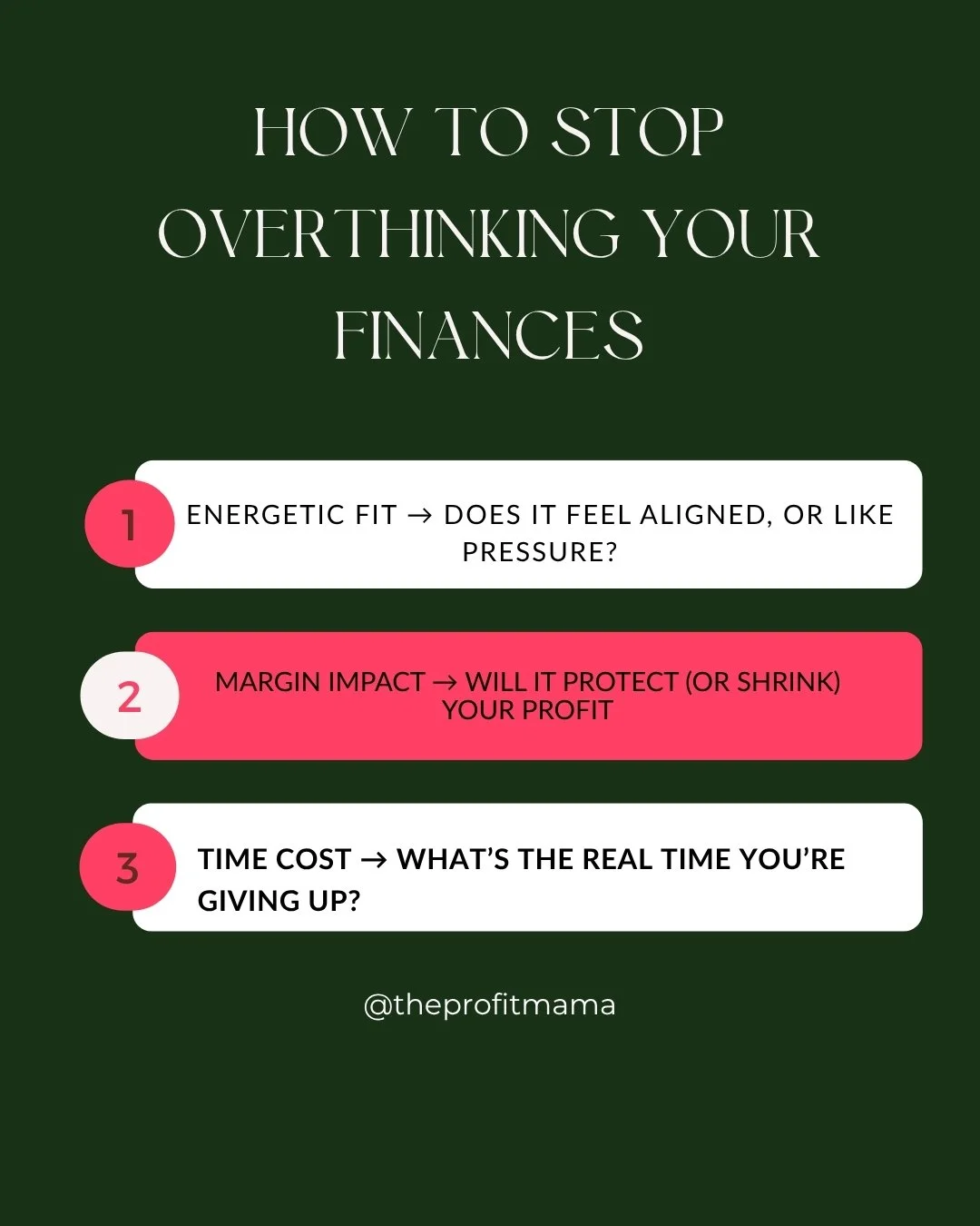 If you&rsquo;re stuck overthinking your money decisions, here&rsquo;s a quick filter to make choices with more clarity and less stress:

✔️ Energetic Fit &rarr; Does it feel aligned, or like pressure?

✔️ Margin Impact &rarr; Will it protect (or shri