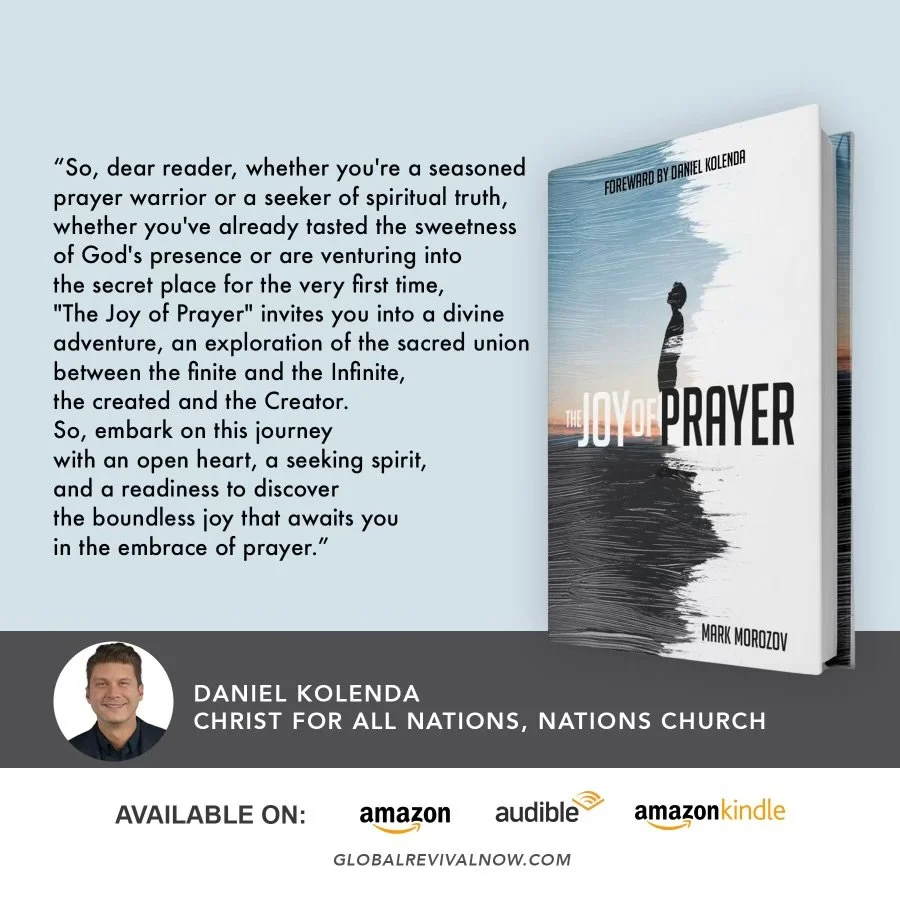 Book cover titled 'The Joy of Prayer' by Mark Morozov, featuring a silhouette of a person standing at sunset or sunrise near water with a reflective surface.