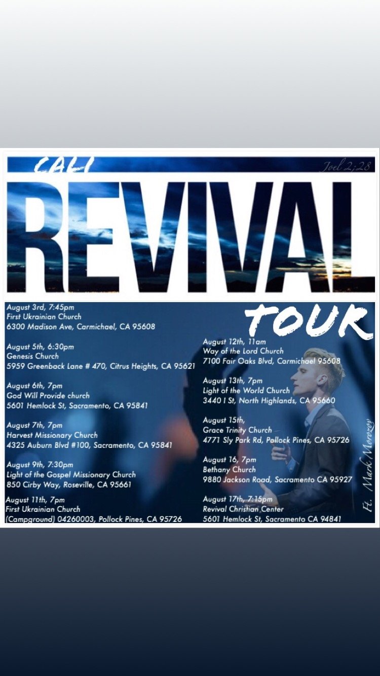 A poster advertising a revival tour with dates and locations of various churches in California, featuring a background of a cloudy sky and a profile of a young man in a suit.