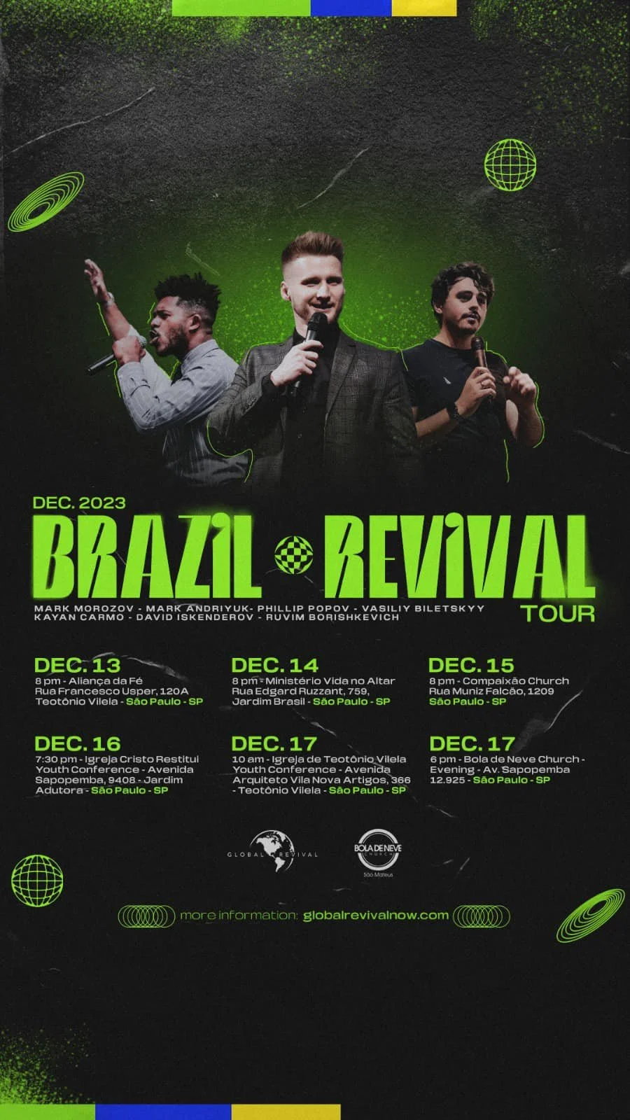 Poster promoting the Brazil Revival Tour in December 2023, featuring three men holding microphones against a dark background with green and yellow accents, and event details listed below.