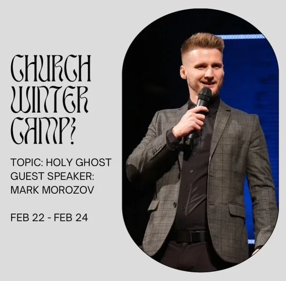 Design promoting a church winter camp event with speaker Mark Morozov, scheduled for February 22 to 24, featuring a photo of a man in a gray blazer speaking into a microphone.