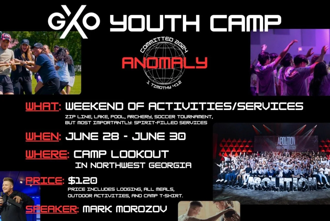 Advertisement for GXO Youth Camp 2024, called Anomaly, featuring images of children playing outdoors, dancing, and a large group photo on stage. Includes details about the event’s date, location, cost, and guest speaker Mark Morozov.