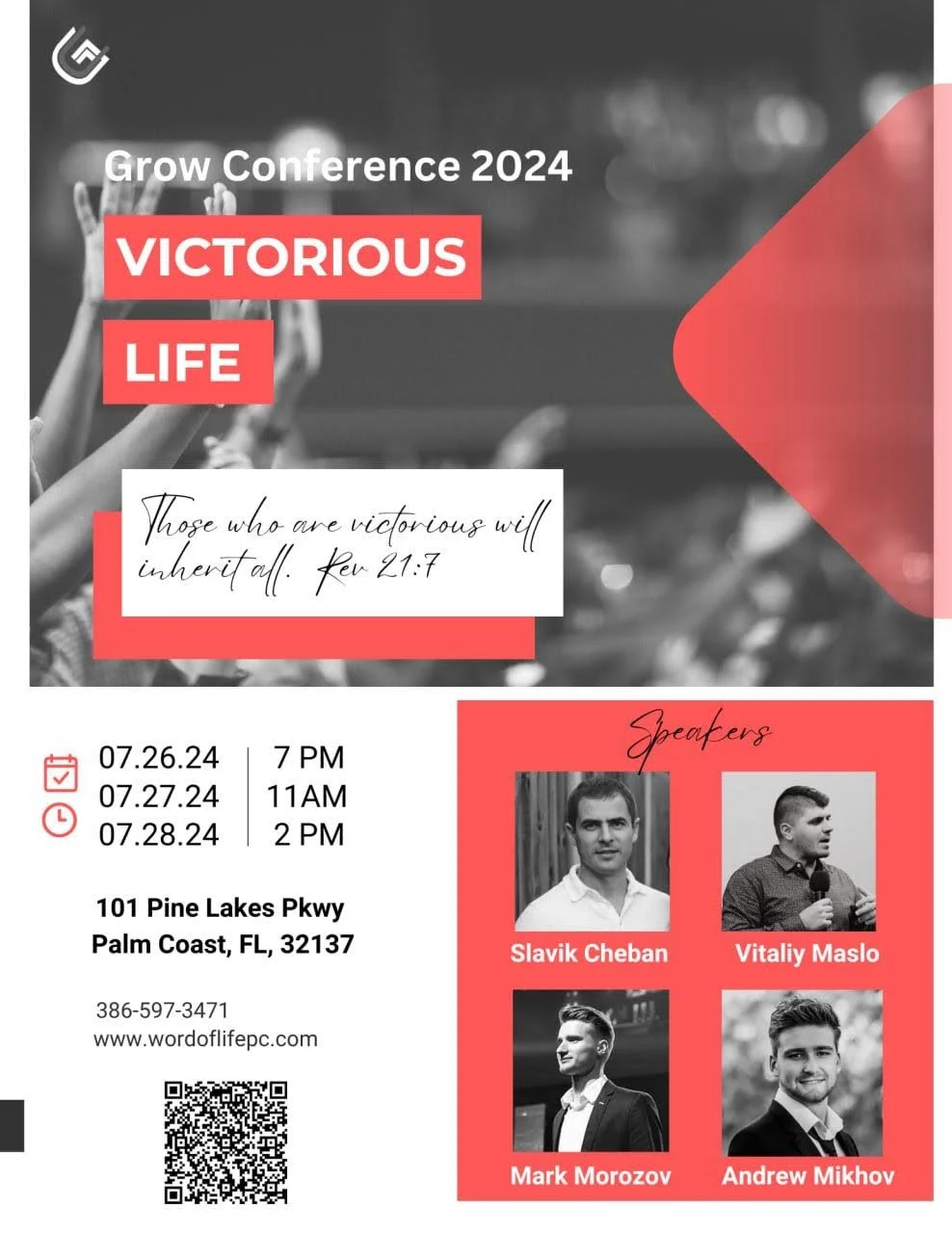 Conference flyer for Grow Conference 2024 titled "Victorious Life" with event dates and times, location in Palm Coast, Florida, and photos of four speakers: Slavik Cheban, Vitaliy Maslo, Mark Morozov, and Andrew Mikhov.