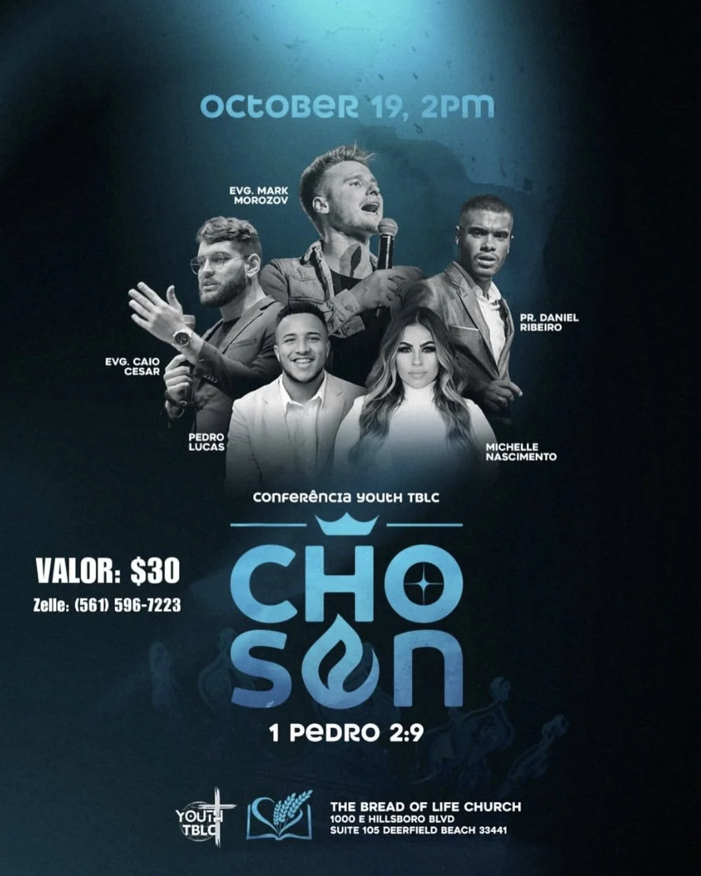 Flyer for a youth conference titled 'Chóson' scheduled for October 19 at 2 PM, costing $30. Features photos of several speakers, including Evg. Mark Morozov, Evg. Caio Cesar, Pedro Lucas, Pr. Daniel Ribeiro, and Michelle Nascimento. The event is host