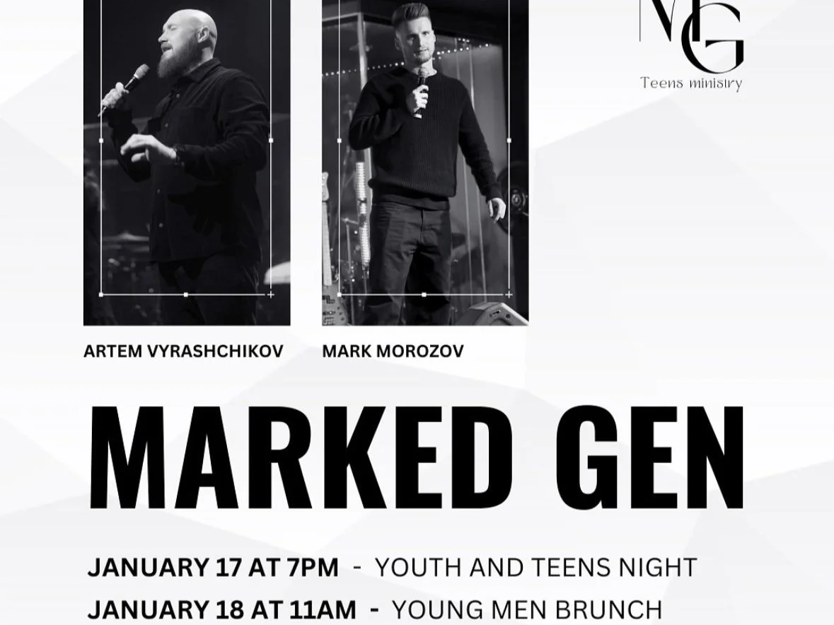 Black and white promotional poster for youth and teen ministry event featuring photos of two men holding microphones. The event titled "Marked Gen" is scheduled for January 17 at 7 PM and January 18 at 11 AM.