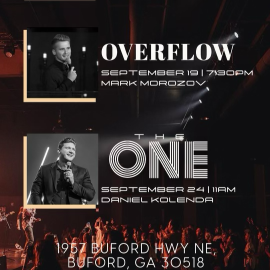 Information about a church celebration week including three performances: Generations on September 17 at 11 AM featuring Andrey Shapoval, Overflow on September 19 at 7:30 PM with Mark Morozov, and The One on September 24 at 11 AM with Daniel Kolenda.