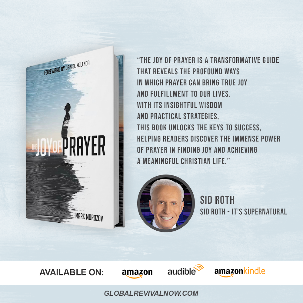 A book titled 'The Joy of Prayer' by Mark Morozov, with a quote describing the book's message about prayer bringing joy and fulfillment. The quote is from Sid Roth, who is also pictured in a circular photo. The image also shows that the book is avail