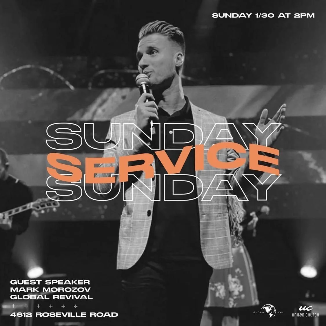 Black and white flyer for Sunday church service featuring guest speaker Mark Morozov from Global Revival, scheduled for Sunday, January 30th at 2 PM at 4612 Roseville Road, with the theme 'Sunday Service'.