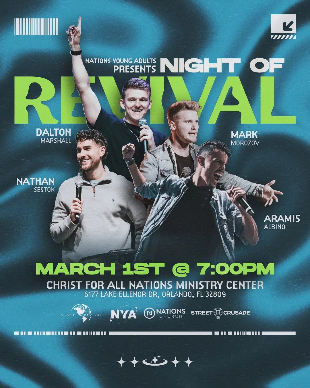 Event poster for Night of Revival presented by Nations Young Adults featuring four young men with microphones, event details, date, time, location, and logos at the bottom.