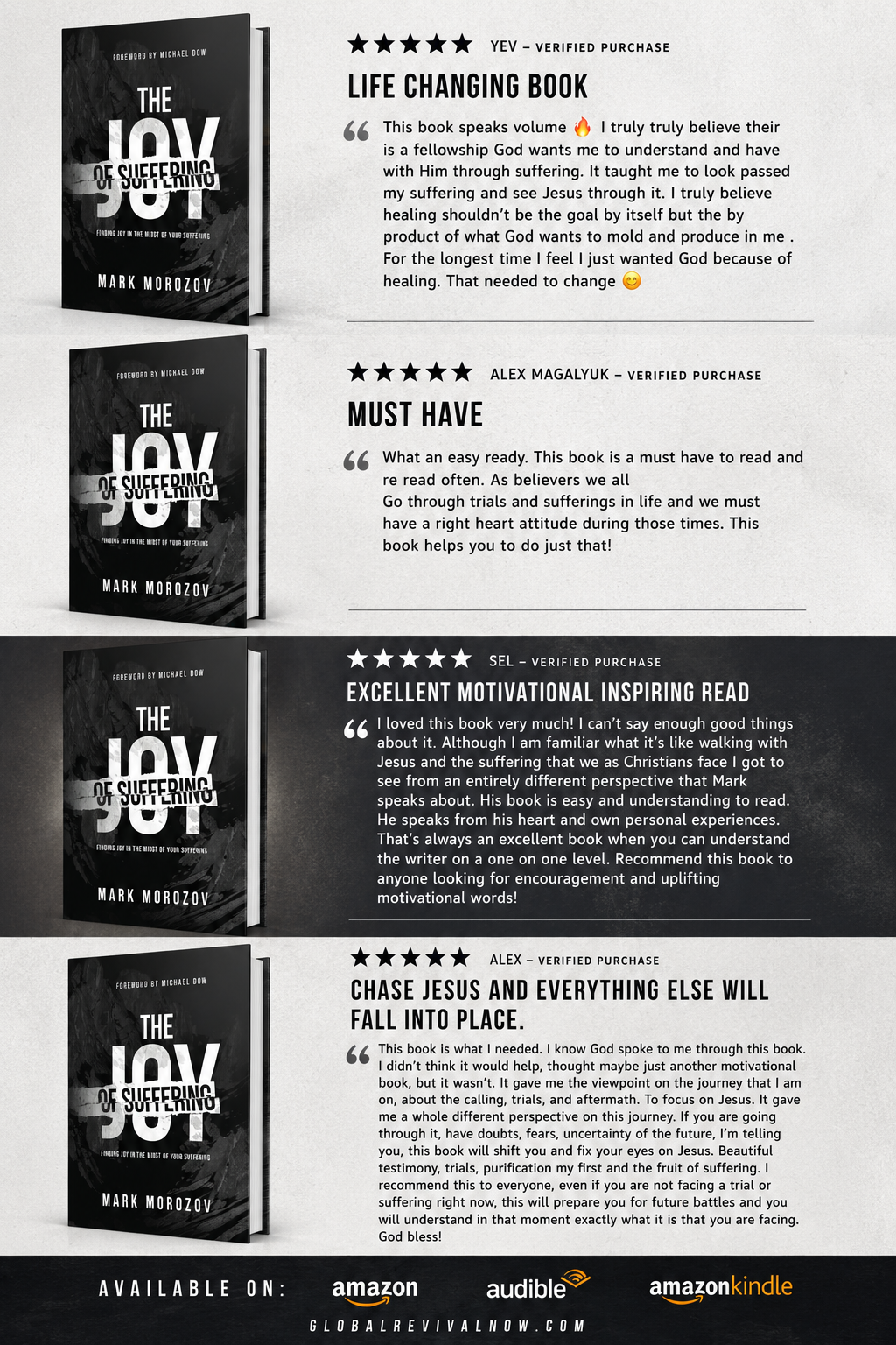 Image of four reviews for the book "The Joy of Suffering" by Mark Morozov, each with a star rating, reviewer name, brief testimonial, and quote. The cover of the book shows the title in large white font on a dark background, with a foreword by Michael Dow.