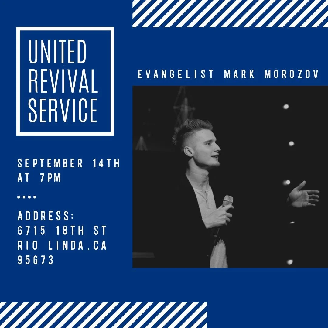 Event flyer for United Revival Service featuring evangelist Mark Morozov, scheduled for September 14th at 7 PM, at 6715 18th St, Rio Linda, California. The flyer includes a photo of a man with a microphone.