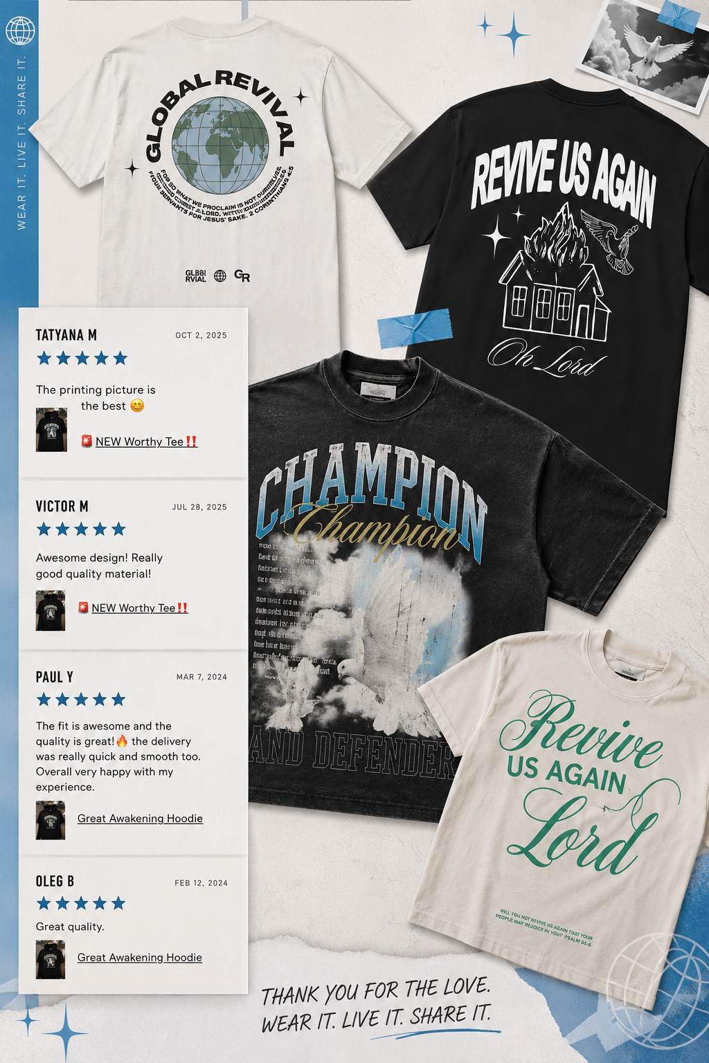 A display of four graphic T-shirts with religious and motivational messages, along with customer reviews and thank you note.