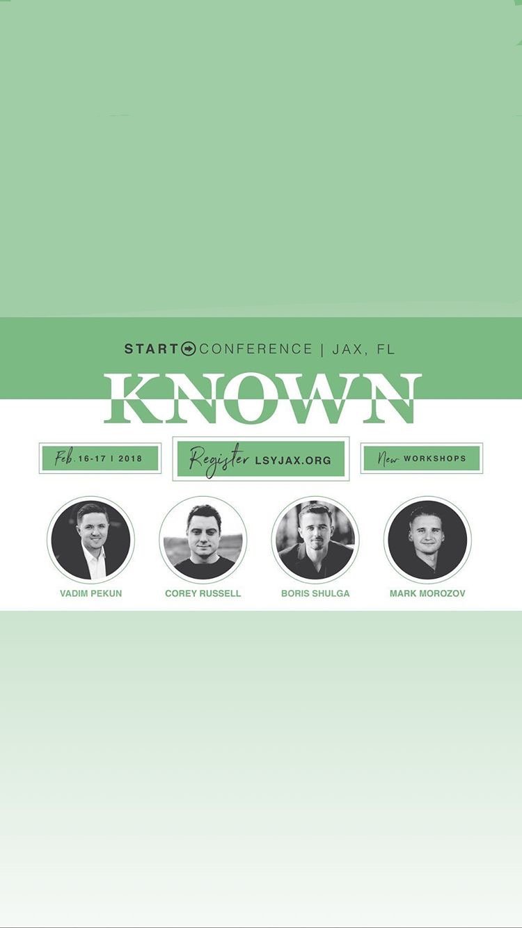 Event poster for a conference in Jacksonville, Florida on February 16-17, 2018, featuring speakers Vadim Pekun, Corey Russell, Boris Shulga, and Mark Morozov, with registration information at LSYJAX.ORG.