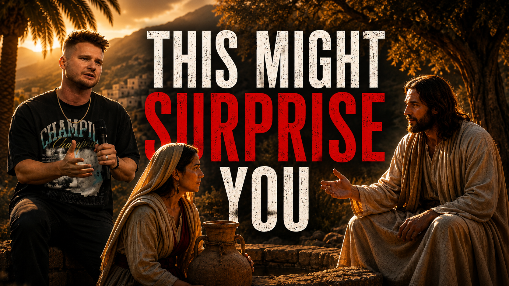 A scene resembling a biblical setting with Jesus and two other individuals in conversation outdoors during sunset, with large text overlay reading 'This Might Surprise You'.