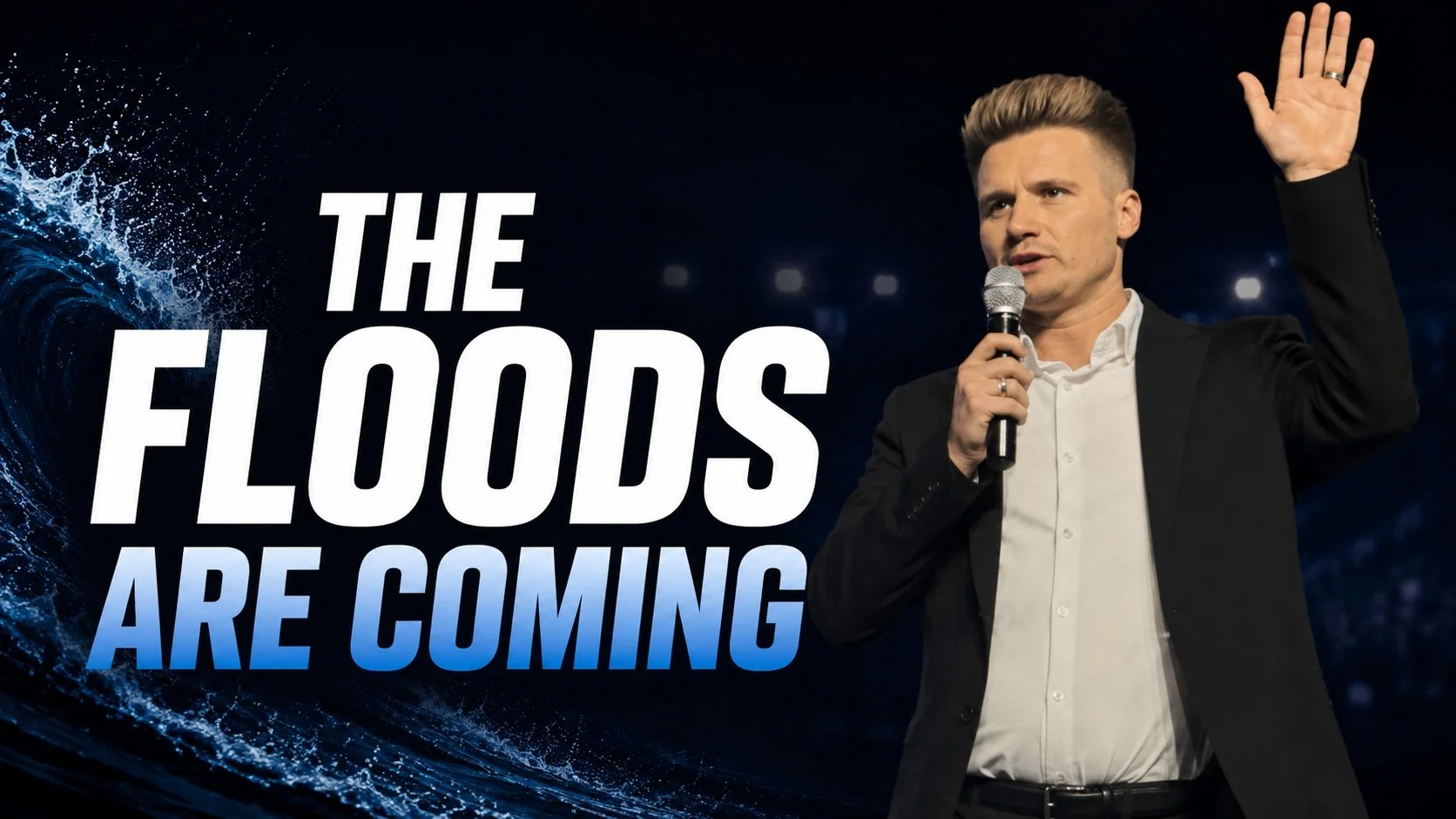 A man in a suit speaking into a microphone at a conference, with large text on a dark background that reads, 'The floods are coming.'