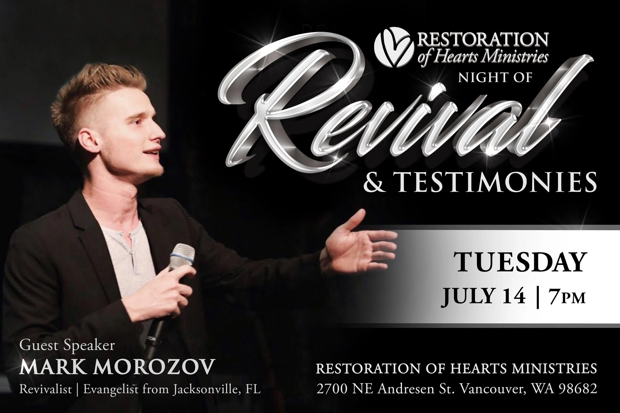 A young man with short, styled blonde hair wearing a black blazer and grey shirt holding a microphone and speaking. The background features a promotional flyer with details of a church event titled 'Night of Revival & Testimonies' at the Restoration 