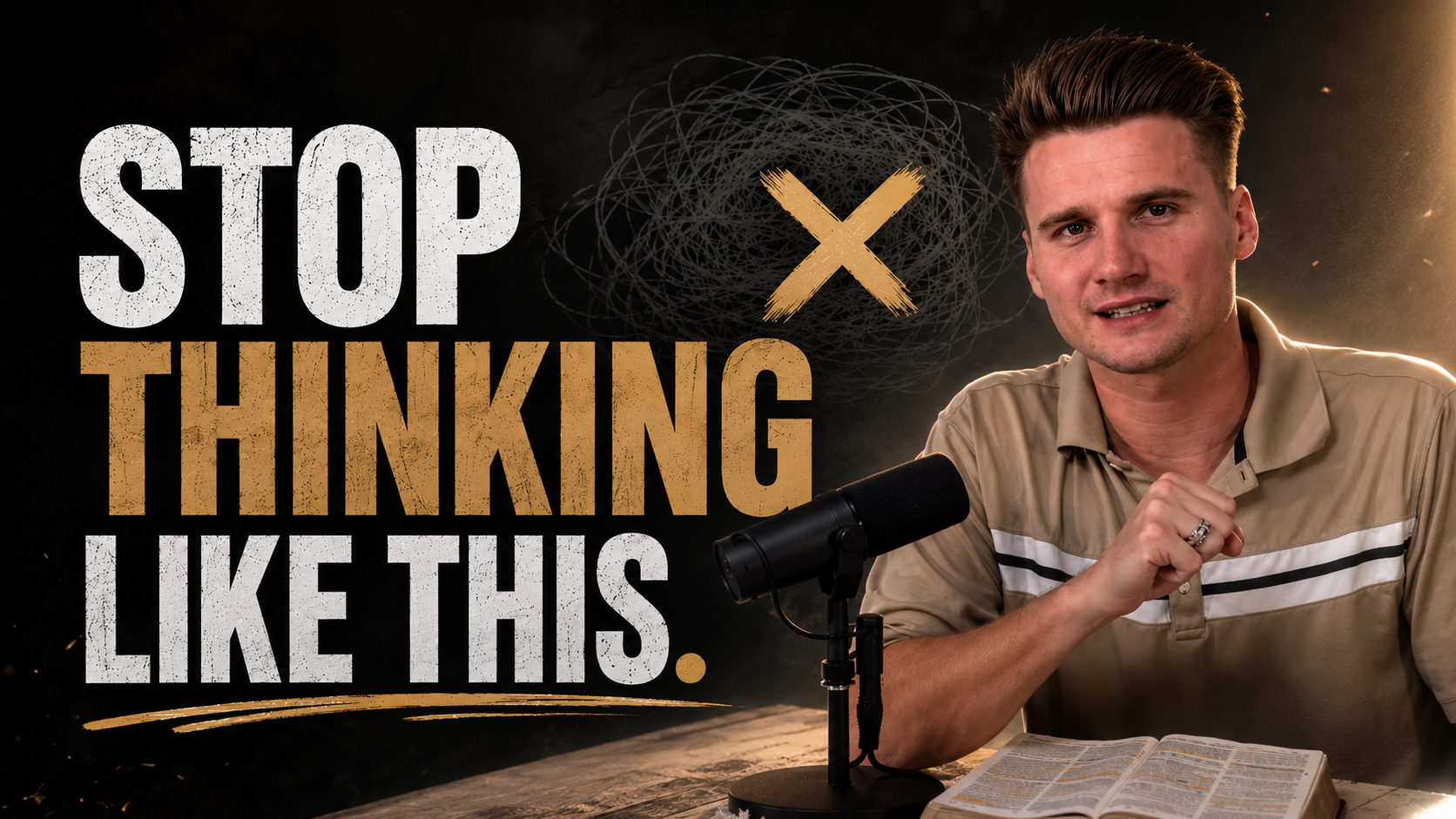 A man in a beige shirt sitting at a table with an open book and a microphone, with a dark background featuring the message 'Stop Thinking Like This' in bold white and orange letters.