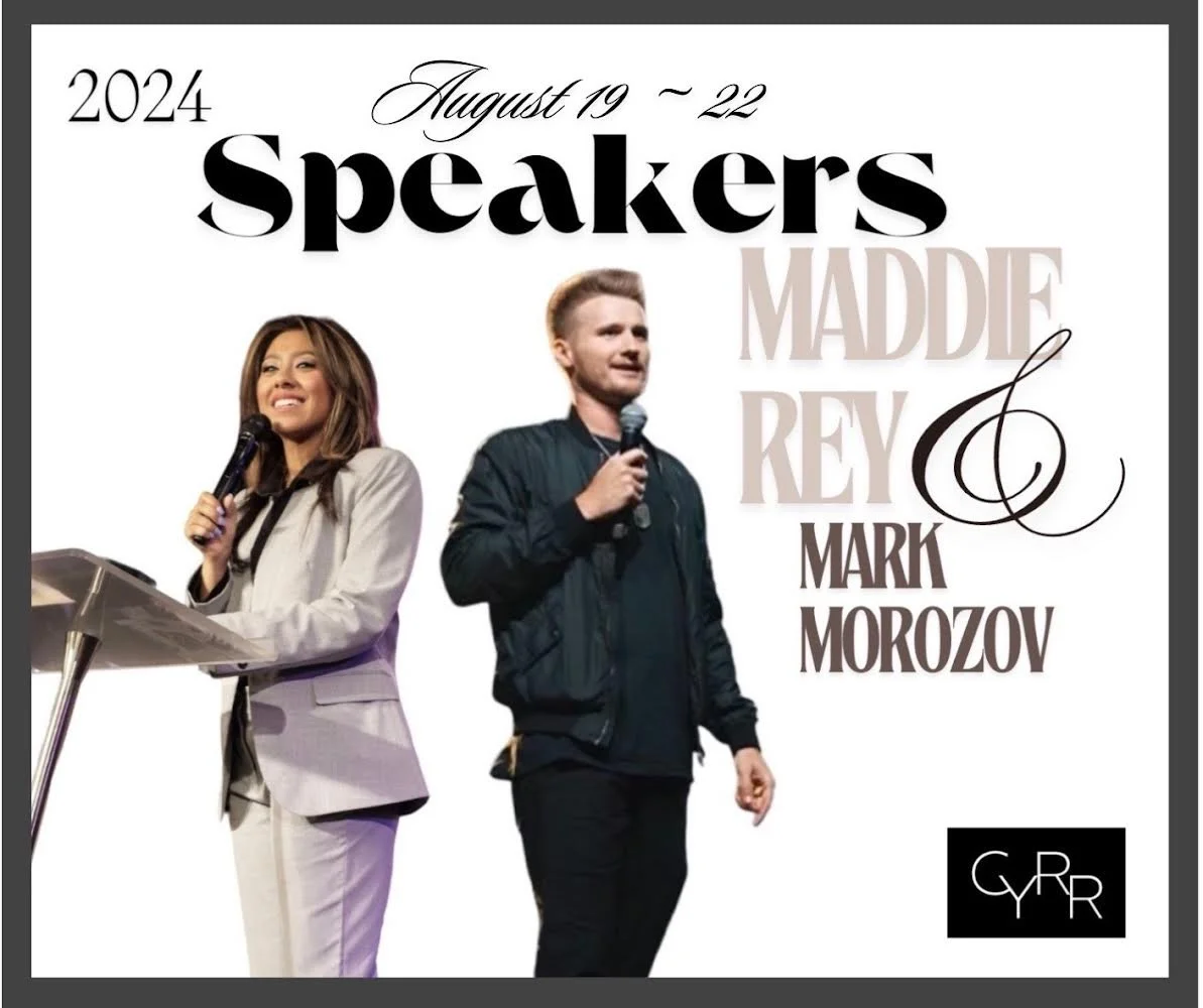 Promotional poster for the 2024 Speakers event featuring Maddie Rey and Mark Morozov, scheduled for August 19-22, with images of Maddie Rey speaking at a podium and Mark Morozov holding a microphone.