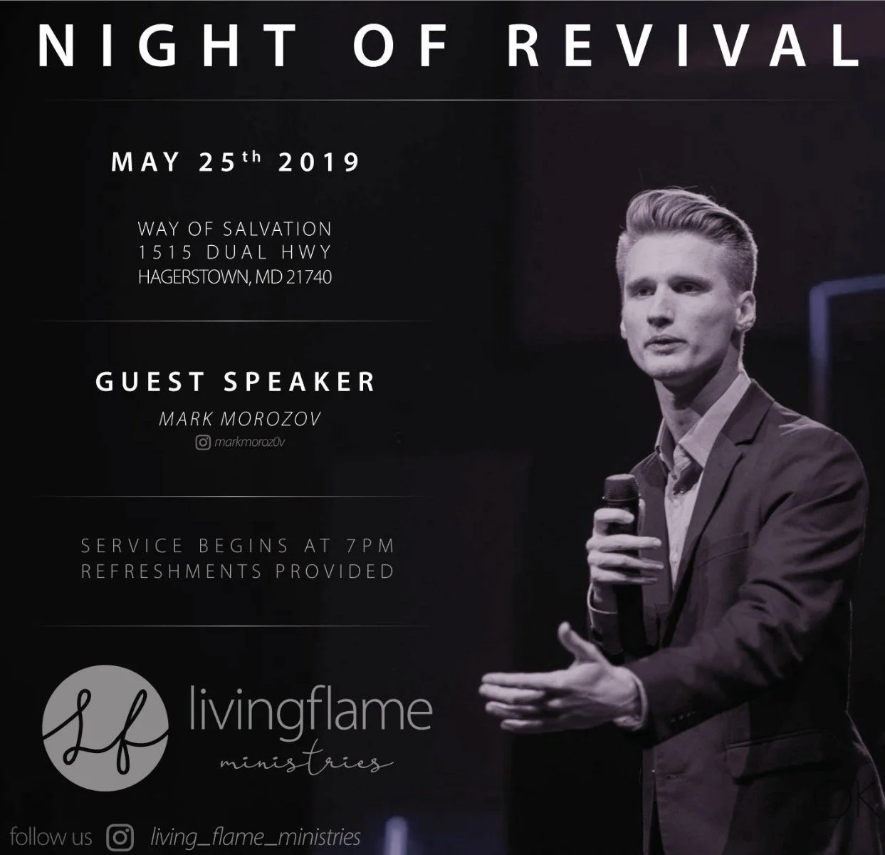 Details about a religious event titled "Night of Revival" scheduled for May 25, 2019, at Way of Salvation, Hagerstown, Maryland, featuring guest speaker Mark Morozov. The event starts at 7 PM with refreshments. The flyer includes a black-and-white ph