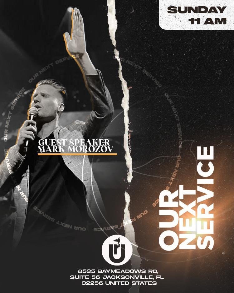 Event poster announcing a guest speaker, Mark Morozov, on Sunday at 11 AM, with the title "Your Office Service." Location is 8353 Baymeadows Rd, Suite 56, Jacksonville, FL, 32256, United States.