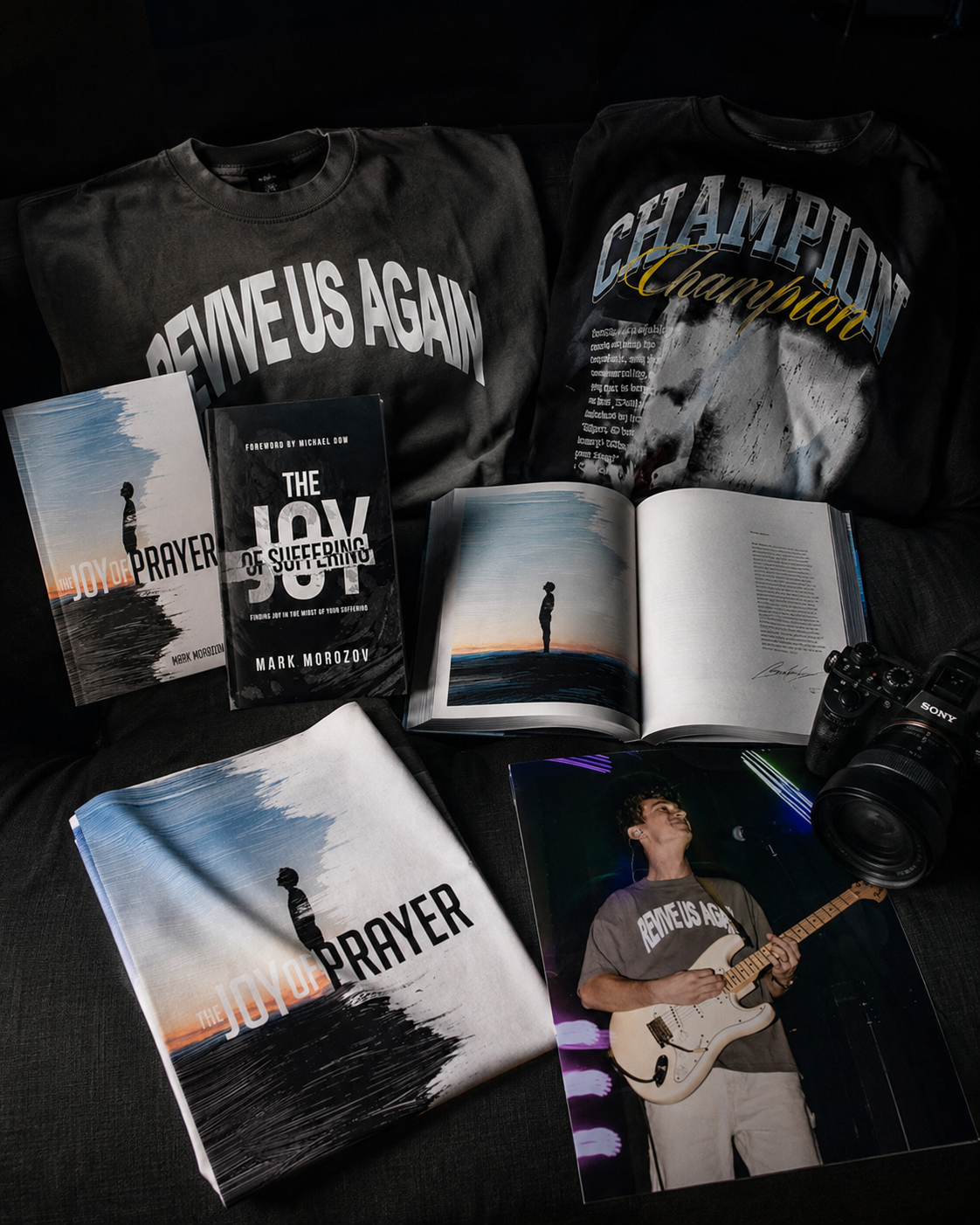 Collage of people wearing T-shirts and hoodies with faith and motivational messages, alongside books on joy, prayer, and hope, in a casual, urban setting.