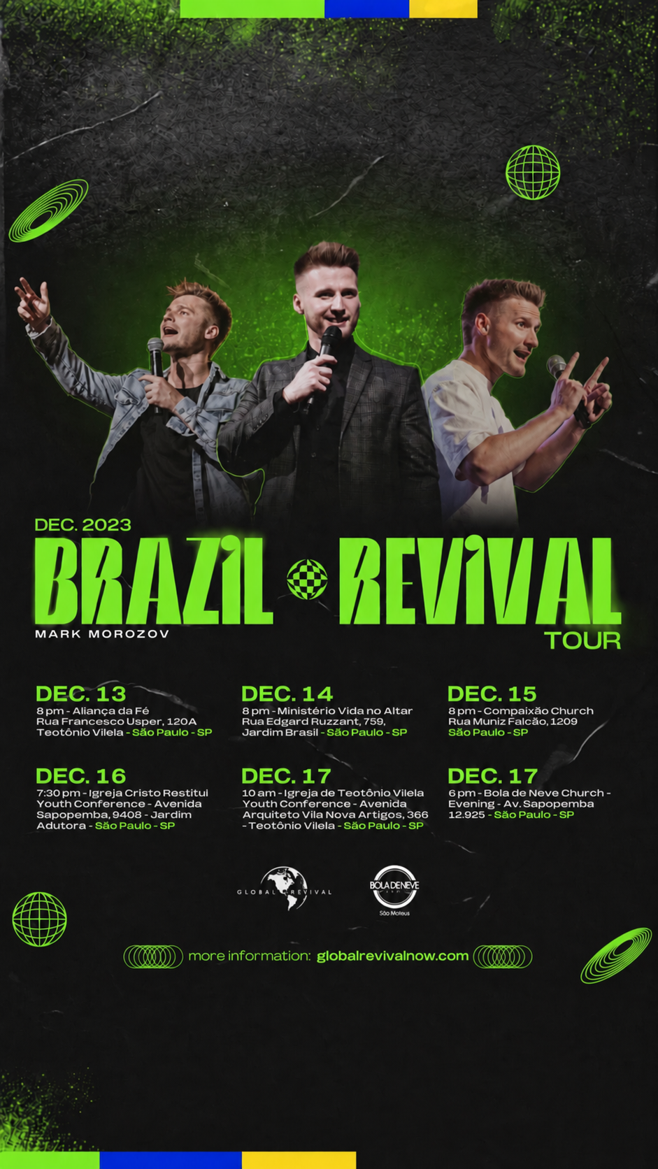 An event poster for the Brazil Revival Tour in December 2023 featuring three male performers with microphones against a dark background with neon green accents and futuristic globe and swirl graphics. The poster lists dates and venues in São Paulo, B
