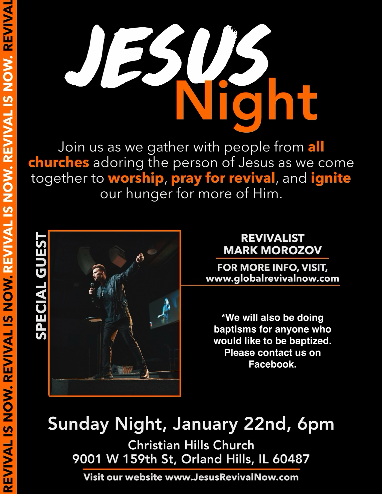 Flyer for Jesus Night event at Christian Hills Church, featuring a speaker named Mark Morozov, scheduled for Sunday, January 22nd at 6 pm, located at 9001 W 159th St., Orland Hills, IL. The flyer includes a photo of a man speaking on stage with a mic