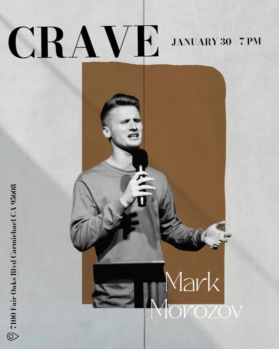 A black-and-white photo of a young man speaking into a microphone at a stand, with the word 'CRAVE' in large letters and event details in text on a poster.