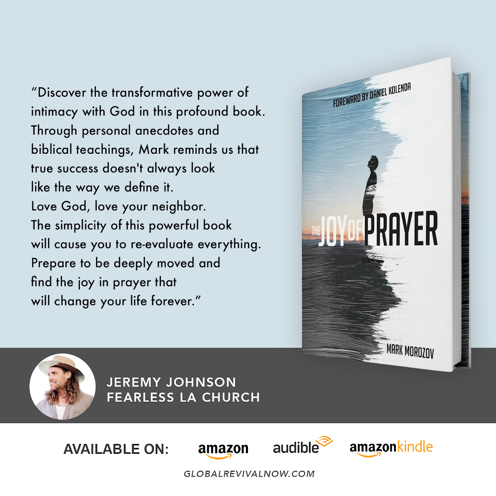 Book titled 'The Joy of Prayer' by Mark Morozov with a silhouette of a person standing against a sunset sky on the cover.