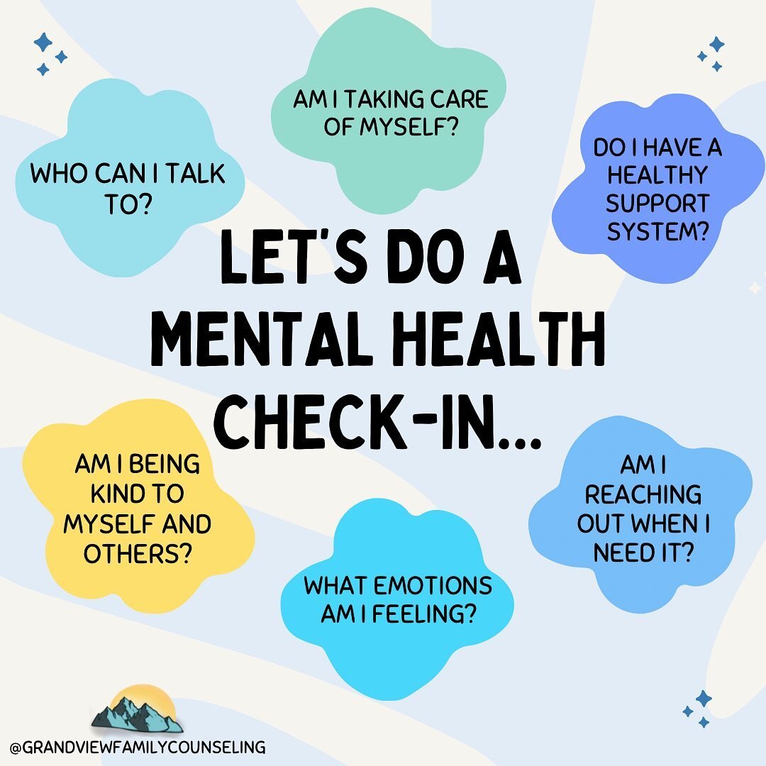 Let's do a mental health check-in..🧠 

Who can I talk to when I need it? 🗣 

Am I taking care of myself? 🌻

Do I have a healthy support system? 👩&zwj;👩&zwj;👧&zwj;👦

Am I reaching out when I need it? 📱 

What emotions am I feeling? 💭 

Am I b